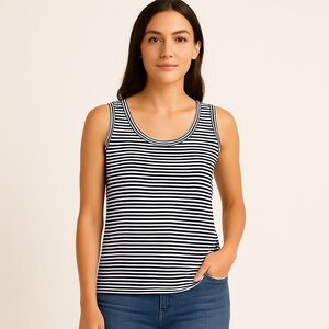 J.Jill Black White Striped Pima Cotton Tank Top Sleeveless Scoop Neck Size Small